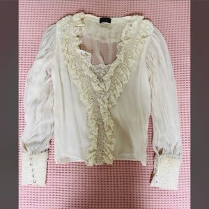 Tal Sheyn white silk + lace embroidered shirt. Size M/L New
